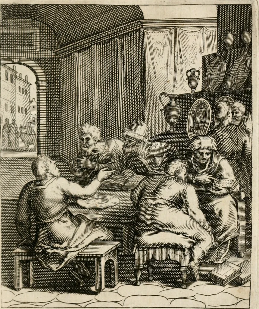 An illustration from Moralia Horatiana, das ist, Die Horatzische sitten-lehre : aus der ernst-sittigen geselschaft der alten weise-meister gezogen, und mit 113 [i.e. 103] in kupfer gestochenen sinn-bildern, und eben so viel erklärungen und andern anmärkungen vorgestellet, 1656, leaf 178