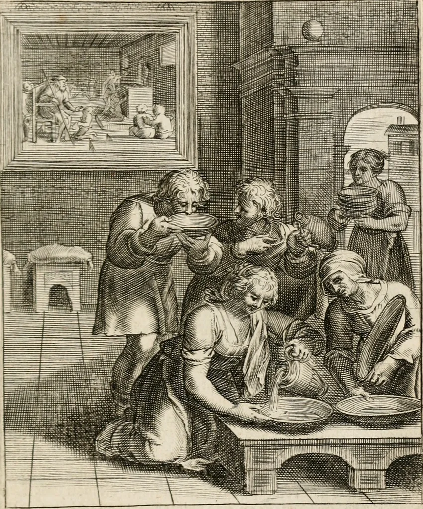 An illustration from Moralia Horatiana, das ist, Die Horatzische sitten-lehre : aus der ernst-sittigen geselschaft der alten weise-meister gezogen, und mit 113 [i.e. 103] in kupfer gestochenen sinn-bildern, und eben so viel erklärungen und andern anmärkungen vorgestellet, 1656, leaf 18