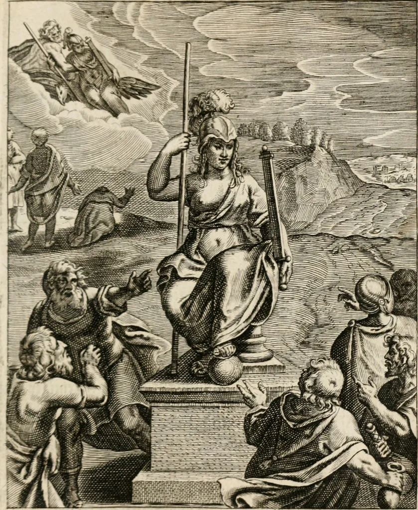 An illustration from Moralia Horatiana, das ist, Die Horatzische sitten-lehre : aus der ernst-sittigen geselschaft der alten weise-meister gezogen, und mit 113 [i.e. 103] in kupfer gestochenen sinn-bildern, und eben so viel erklärungen und andern anmärkungen vorgestellet, 1656, leaf 180