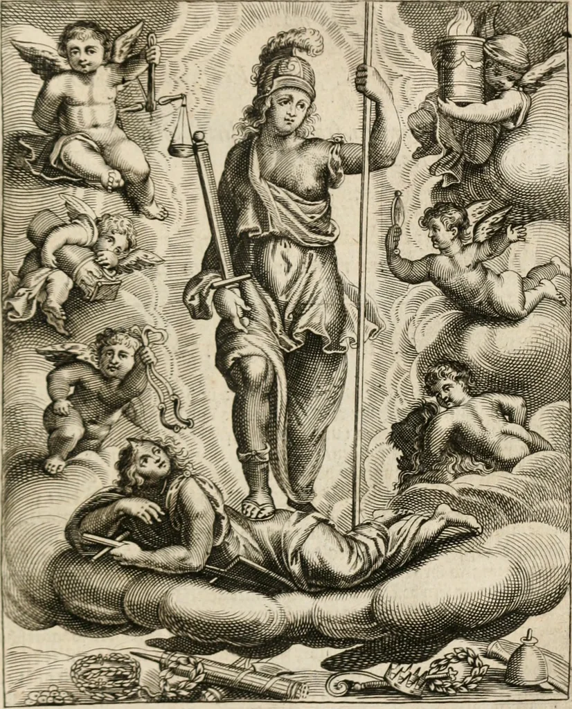 An illustration from Moralia Horatiana, das ist, Die Horatzische sitten-lehre : aus der ernst-sittigen geselschaft der alten weise-meister gezogen, und mit 113 [i.e. 103] in kupfer gestochenen sinn-bildern, und eben so viel erklärungen und andern anmärkungen vorgestellet, 1656, leaf 184