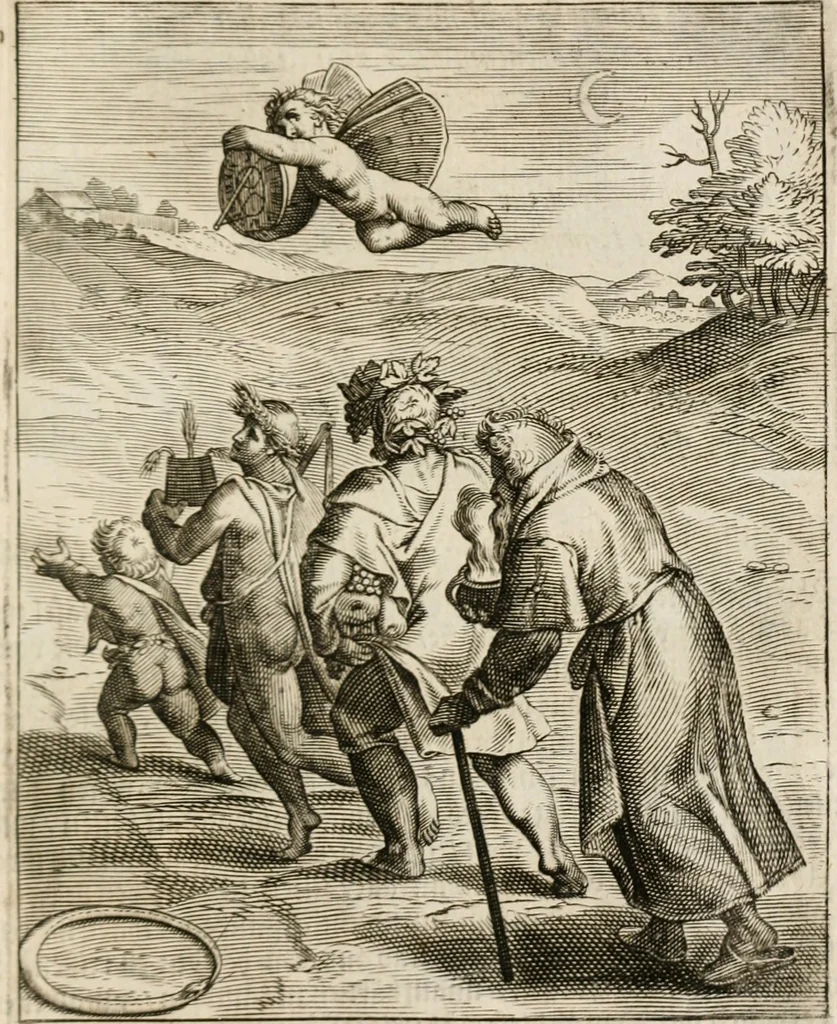 An illustration from Moralia Horatiana, das ist, Die Horatzische sitten-lehre : aus der ernst-sittigen geselschaft der alten weise-meister gezogen, und mit 113 [i.e. 103] in kupfer gestochenen sinn-bildern, und eben so viel erklärungen und andern anmärkungen vorgestellet, 1656, leaf 186