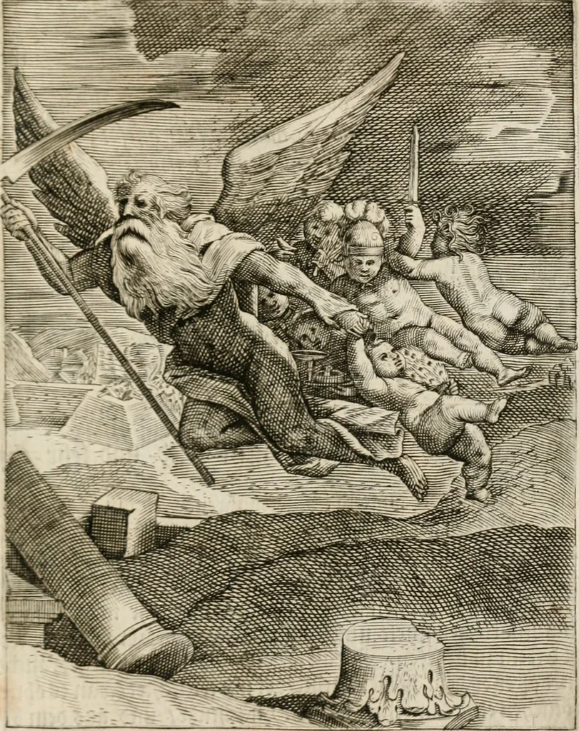 An illustration from Moralia Horatiana, das ist, Die Horatzische sitten-lehre : aus der ernst-sittigen geselschaft der alten weise-meister gezogen, und mit 113 [i.e. 103] in kupfer gestochenen sinn-bildern, und eben so viel erklärungen und andern anmärkungen vorgestellet, 1656, leaf 188