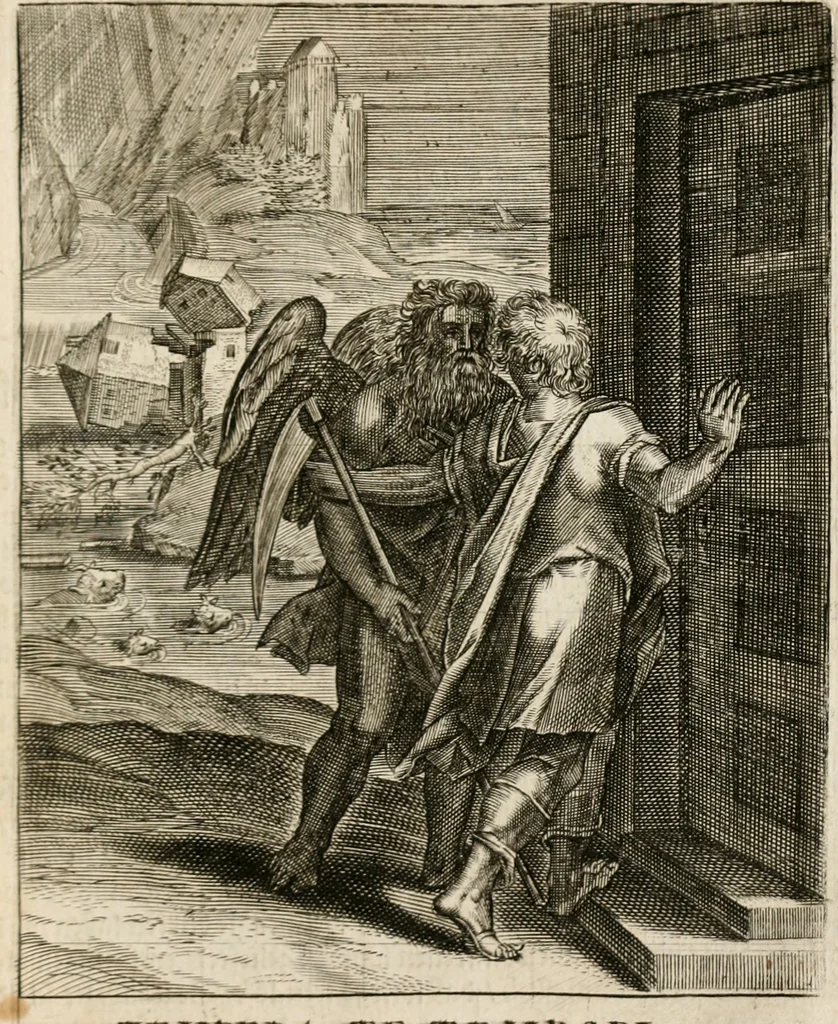 An illustration from Moralia Horatiana, das ist, Die Horatzische sitten-lehre : aus der ernst-sittigen geselschaft der alten weise-meister gezogen, und mit 113 [i.e. 103] in kupfer gestochenen sinn-bildern, und eben so viel erklärungen und andern anmärkungen vorgestellet, 1656, leaf 190