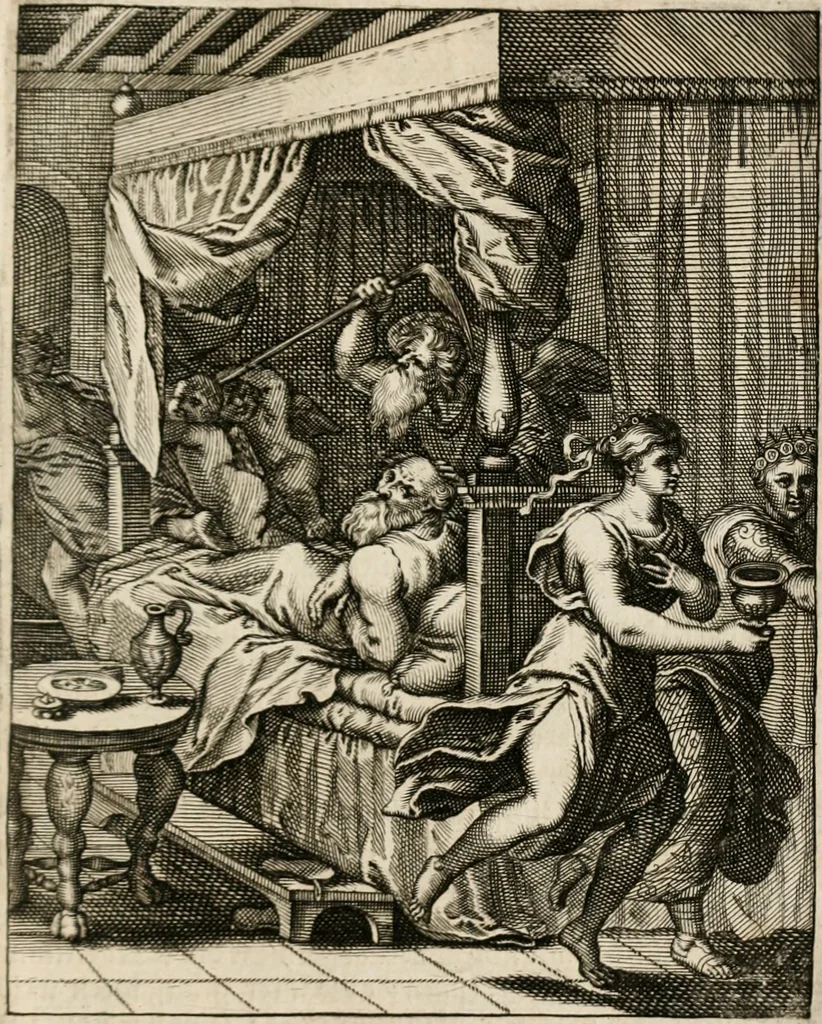 An illustration from Moralia Horatiana, das ist, Die Horatzische sitten-lehre : aus der ernst-sittigen geselschaft der alten weise-meister gezogen, und mit 113 [i.e. 103] in kupfer gestochenen sinn-bildern, und eben so viel erklärungen und andern anmärkungen vorgestellet, 1656, leaf 194