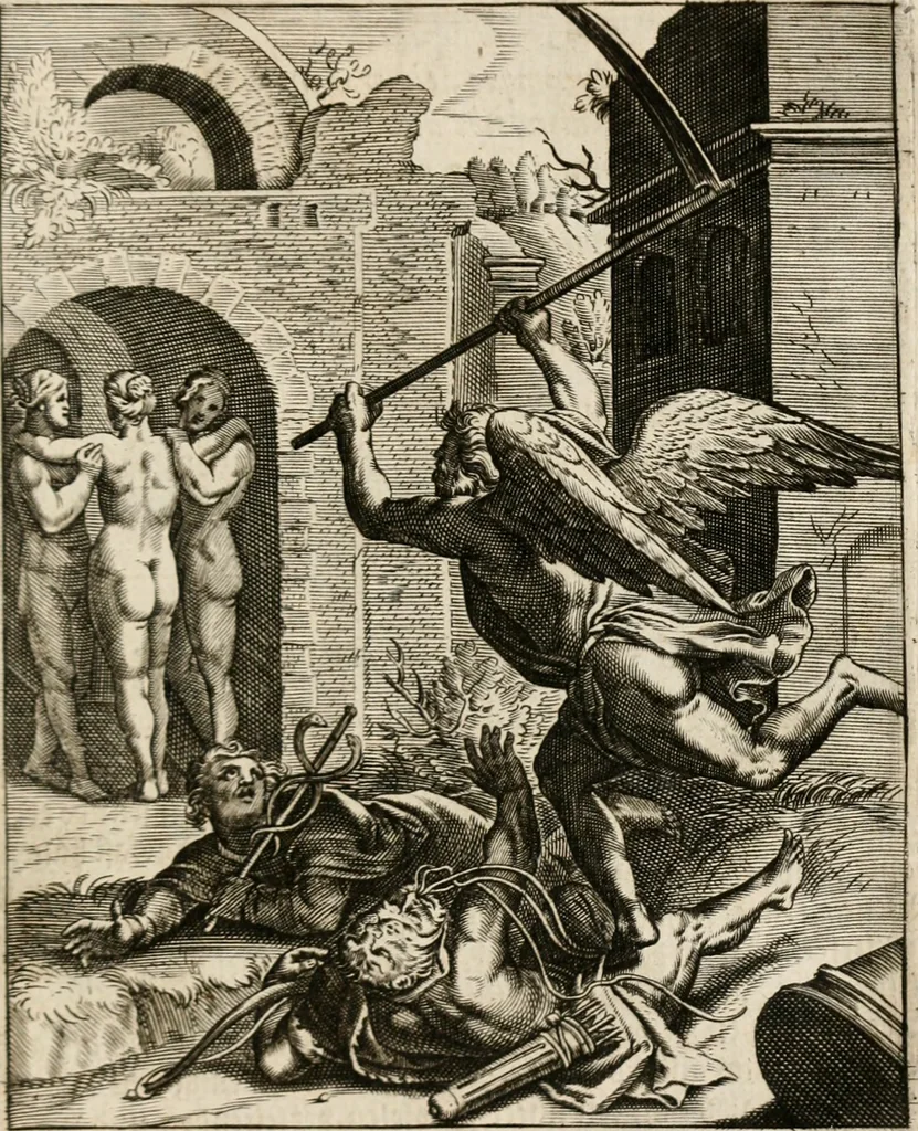 An illustration from Moralia Horatiana, das ist, Die Horatzische sitten-lehre : aus der ernst-sittigen geselschaft der alten weise-meister gezogen, und mit 113 [i.e. 103] in kupfer gestochenen sinn-bildern, und eben so viel erklärungen und andern anmärkungen vorgestellet, 1656, leaf 196