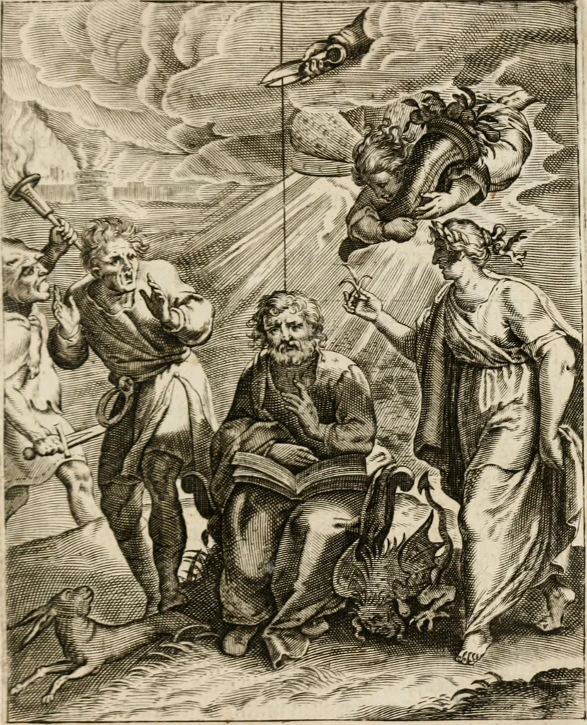 An illustration from Moralia Horatiana, das ist, Die Horatzische sitten-lehre : aus der ernst-sittigen geselschaft der alten weise-meister gezogen, und mit 113 [i.e. 103] in kupfer gestochenen sinn-bildern, und eben so viel erklärungen und andern anmärkungen vorgestellet, 1656, leaf 198