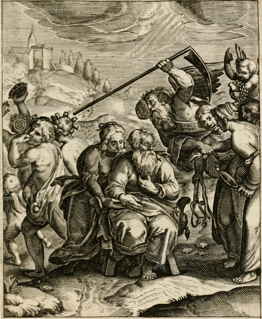 An illustration from Moralia Horatiana, das ist, Die Horatzische sitten-lehre : aus der ernst-sittigen geselschaft der alten weise-meister gezogen, und mit 113 [i.e. 103] in kupfer gestochenen sinn-bildern, und eben so viel erklärungen und andern anmärkungen vorgestellet, 1656, leaf 200