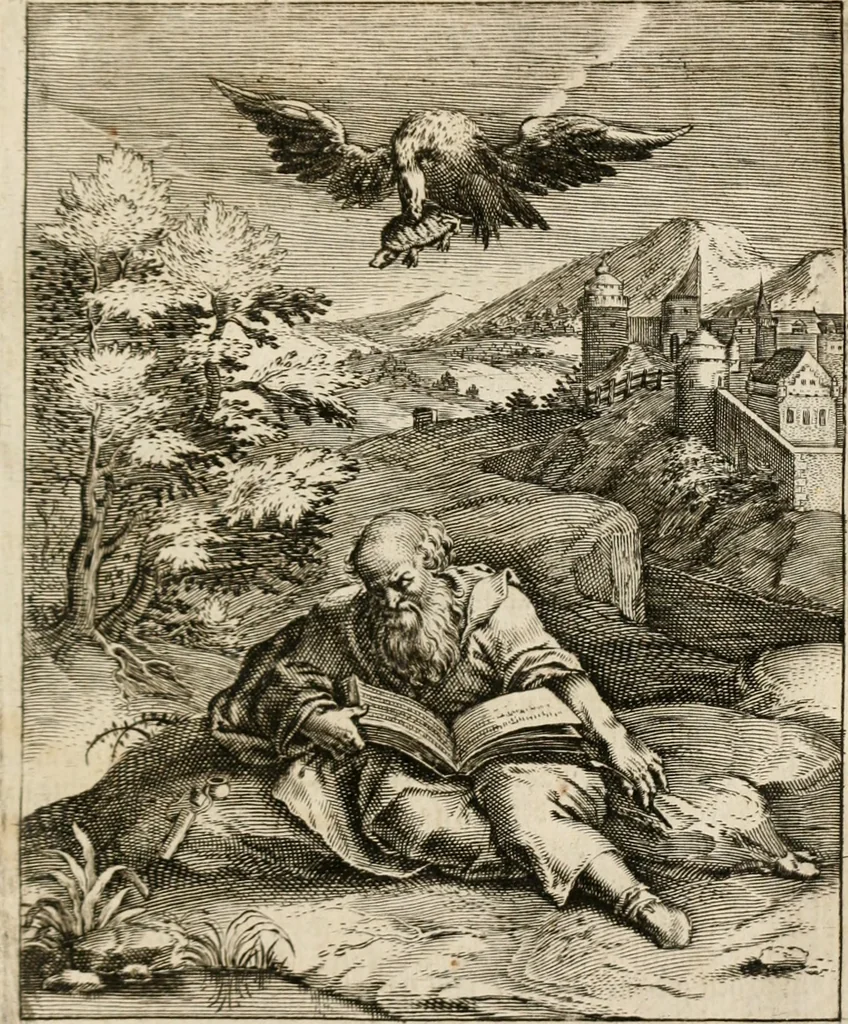 An illustration from Moralia Horatiana, das ist, Die Horatzische sitten-lehre : aus der ernst-sittigen geselschaft der alten weise-meister gezogen, und mit 113 [i.e. 103] in kupfer gestochenen sinn-bildern, und eben so viel erklärungen und andern anmärkungen vorgestellet, 1656, leaf 204