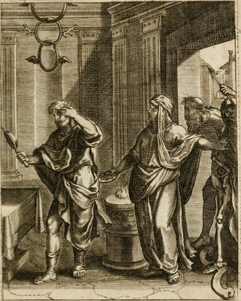 An illustration from Moralia Horatiana, das ist, Die Horatzische sitten-lehre : aus der ernst-sittigen geselschaft der alten weise-meister gezogen, und mit 113 [i.e. 103] in kupfer gestochenen sinn-bildern, und eben so viel erklärungen und andern anmärkungen vorgestellet, 1656, leaf 206
