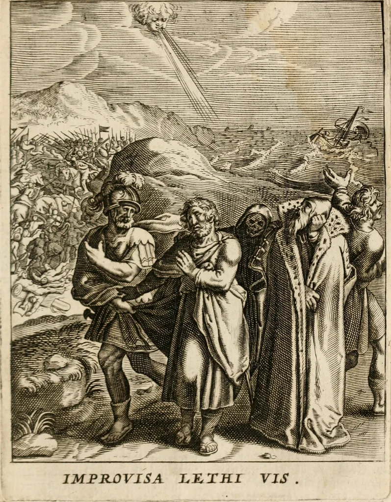 An illustration from Moralia Horatiana, das ist, Die Horatzische sitten-lehre : aus der ernst-sittigen geselschaft der alten weise-meister gezogen, und mit 113 [i.e. 103] in kupfer gestochenen sinn-bildern, und eben so viel erklärungen und andern anmärkungen vorgestellet, 1656, leaf 210
