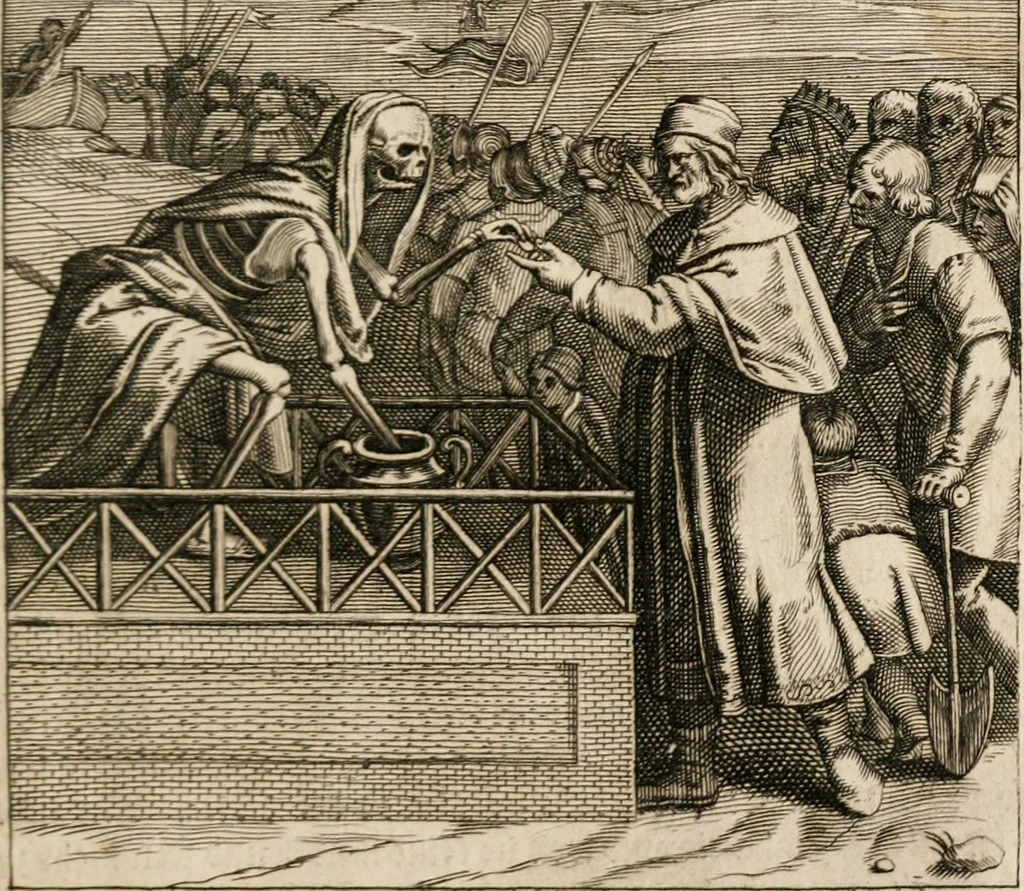 An illustration from Moralia Horatiana, das ist, Die Horatzische sitten-lehre : aus der ernst-sittigen geselschaft der alten weise-meister gezogen, und mit 113 [i.e. 103] in kupfer gestochenen sinn-bildern, und eben so viel erklärungen und andern anmärkungen vorgestellet, 1656, leaf 216