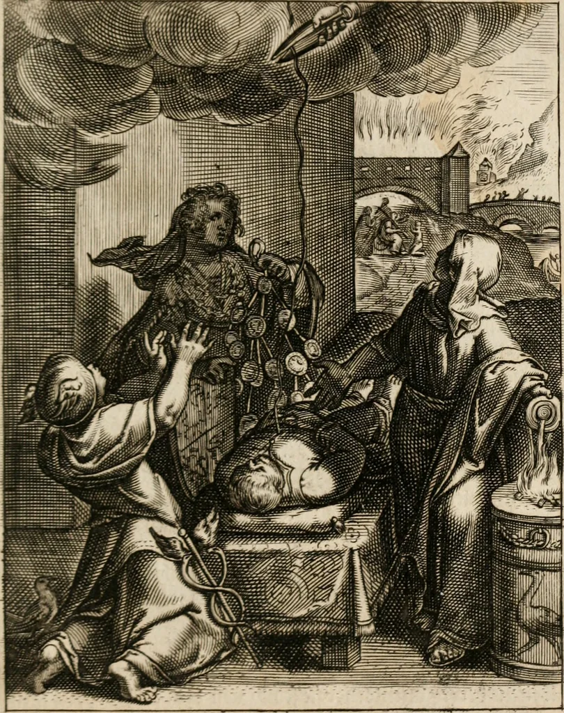 An illustration from Moralia Horatiana, das ist, Die Horatzische sitten-lehre : aus der ernst-sittigen geselschaft der alten weise-meister gezogen, und mit 113 [i.e. 103] in kupfer gestochenen sinn-bildern, und eben so viel erklärungen und andern anmärkungen vorgestellet, 1656, leaf 220
