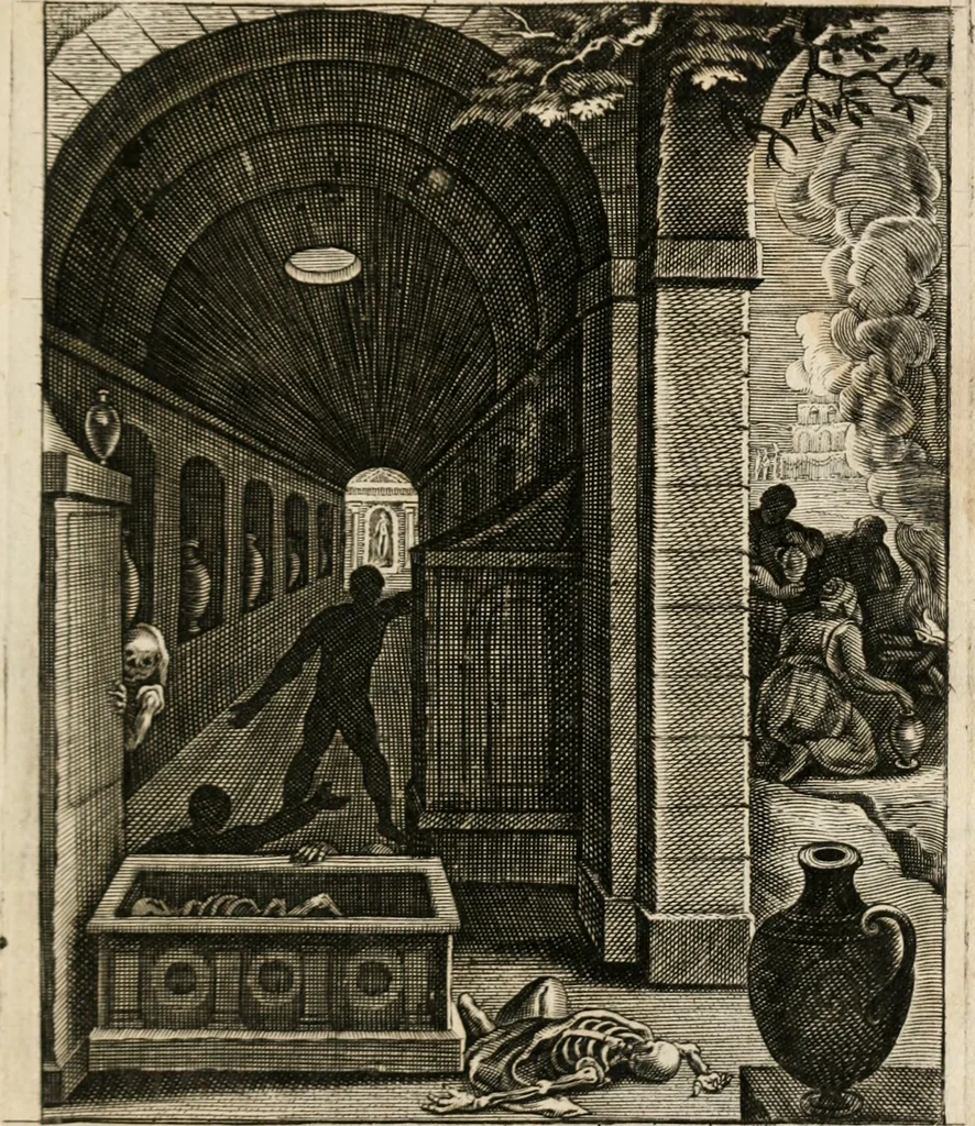 An illustration from Moralia Horatiana, das ist, Die Horatzische sitten-lehre : aus der ernst-sittigen geselschaft der alten weise-meister gezogen, und mit 113 [i.e. 103] in kupfer gestochenen sinn-bildern, und eben so viel erklärungen und andern anmärkungen vorgestellet, 1656, leaf 222
