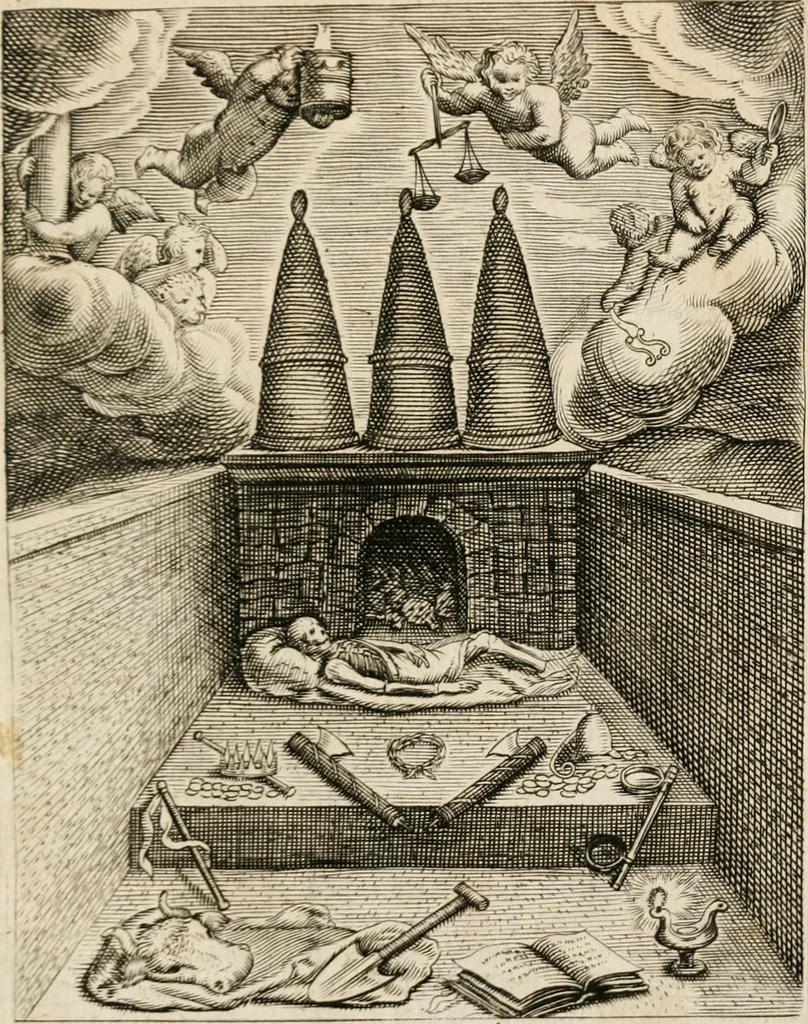An illustration from Moralia Horatiana, das ist, Die Horatzische sitten-lehre : aus der ernst-sittigen geselschaft der alten weise-meister gezogen, und mit 113 [i.e. 103] in kupfer gestochenen sinn-bildern, und eben so viel erklärungen und andern anmärkungen vorgestellet, 1656, leaf 224