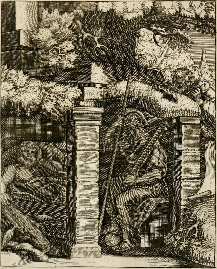 An illustration from Moralia Horatiana, das ist, Die Horatzische sitten-lehre : aus der ernst-sittigen geselschaft der alten weise-meister gezogen, und mit 113 [i.e. 103] in kupfer gestochenen sinn-bildern, und eben so viel erklärungen und andern anmärkungen vorgestellet, 1656, leaf 24