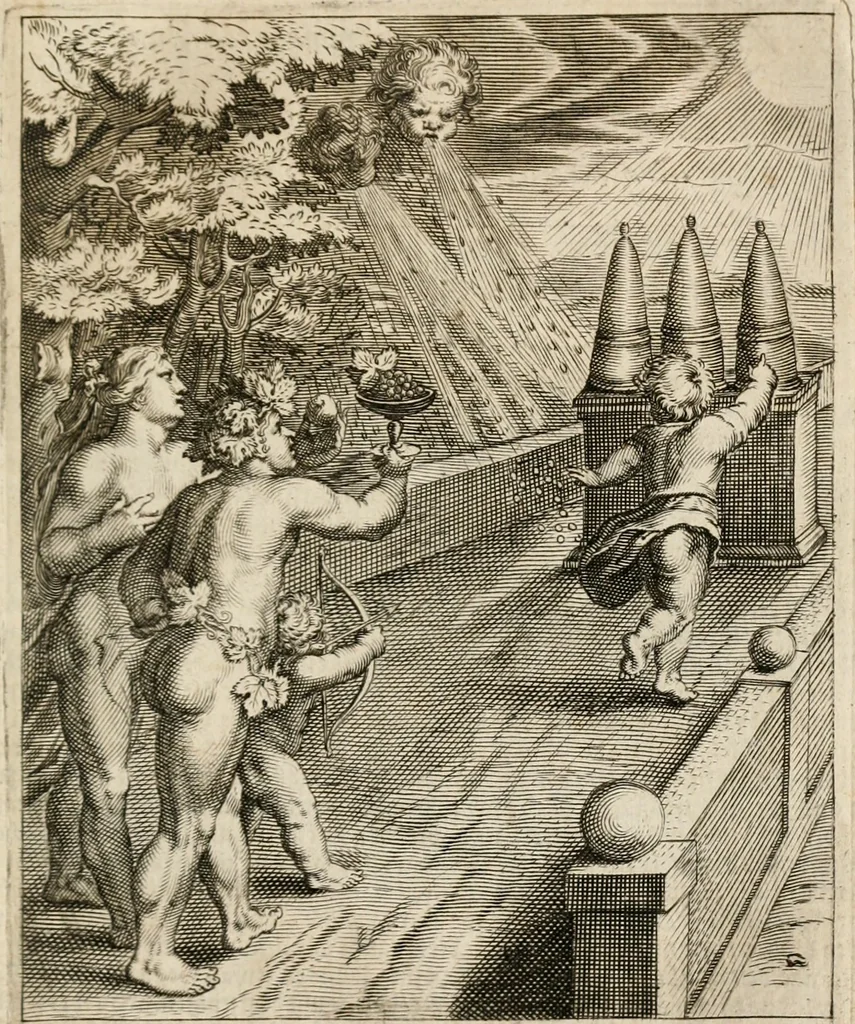 An illustration from Moralia Horatiana, das ist, Die Horatzische sitten-lehre : aus der ernst-sittigen geselschaft der alten weise-meister gezogen, und mit 113 [i.e. 103] in kupfer gestochenen sinn-bildern, und eben so viel erklärungen und andern anmärkungen vorgestellet, 1656, leaf 28