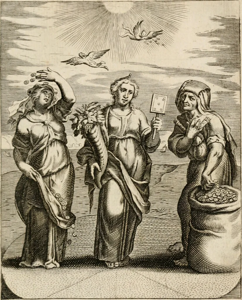An illustration from Moralia Horatiana, das ist, Die Horatzische sitten-lehre : aus der ernst-sittigen geselschaft der alten weise-meister gezogen, und mit 113 [i.e. 103] in kupfer gestochenen sinn-bildern, und eben so viel erklärungen und andern anmärkungen vorgestellet, 1656, leaf 30