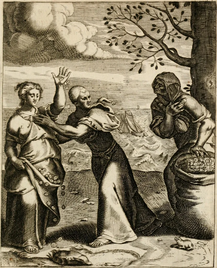 An illustration from Moralia Horatiana, das ist, Die Horatzische sitten-lehre : aus der ernst-sittigen geselschaft der alten weise-meister gezogen, und mit 113 [i.e. 103] in kupfer gestochenen sinn-bildern, und eben so viel erklärungen und andern anmärkungen vorgestellet, 1656, leaf 32