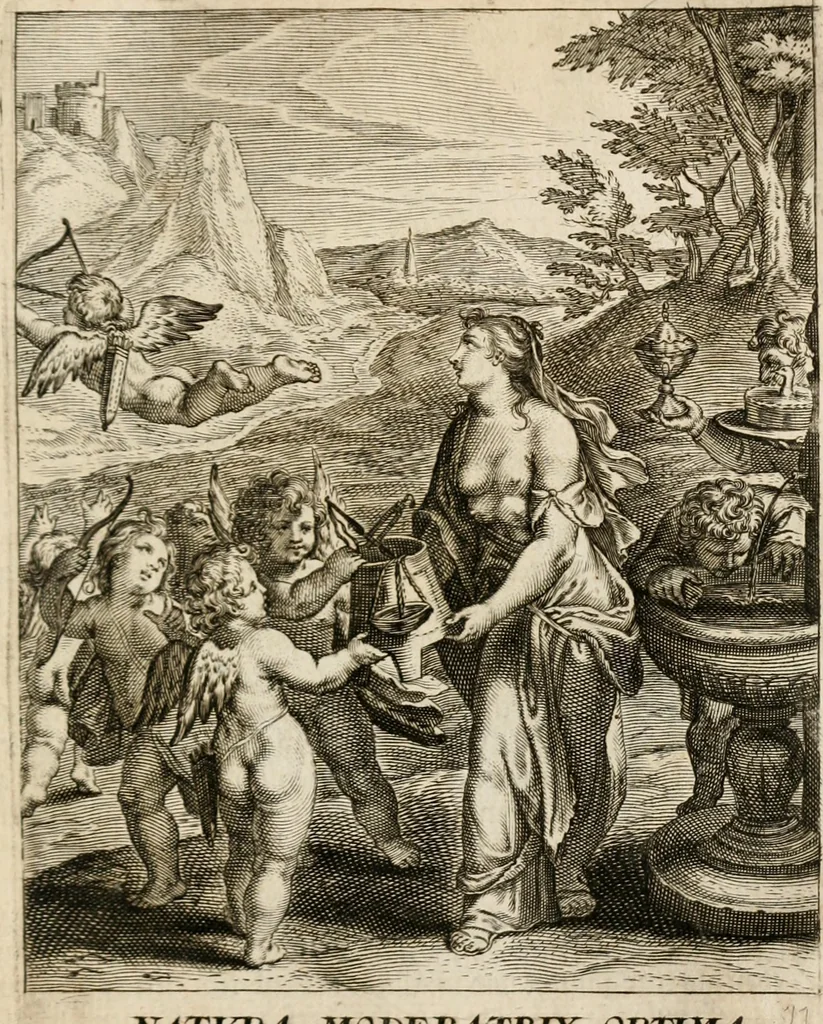 An illustration from Moralia Horatiana, das ist, Die Horatzische sitten-lehre : aus der ernst-sittigen geselschaft der alten weise-meister gezogen, und mit 113 [i.e. 103] in kupfer gestochenen sinn-bildern, und eben so viel erklärungen und andern anmärkungen vorgestellet, 1656, leaf 34