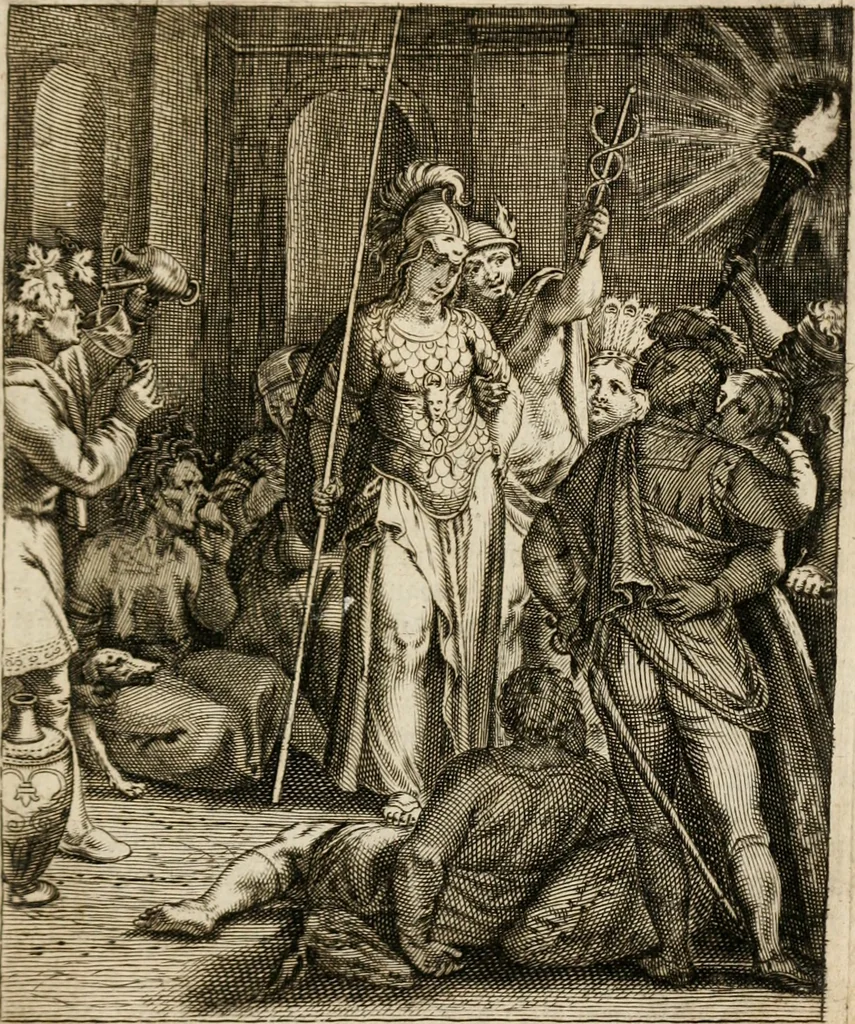 An illustration from Moralia Horatiana, das ist, Die Horatzische sitten-lehre : aus der ernst-sittigen geselschaft der alten weise-meister gezogen, und mit 113 [i.e. 103] in kupfer gestochenen sinn-bildern, und eben so viel erklärungen und andern anmärkungen vorgestellet, 1656, leaf 36