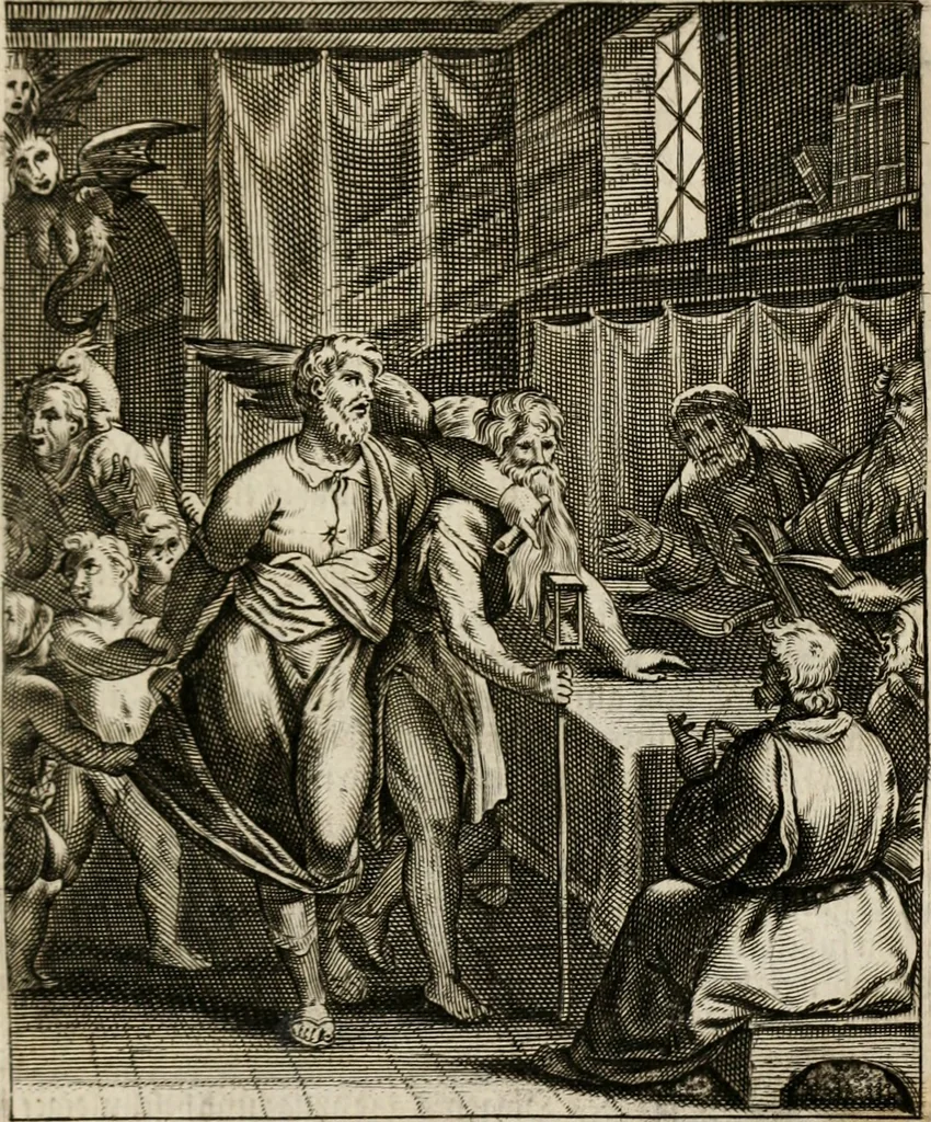 An illustration from Moralia Horatiana, das ist, Die Horatzische sitten-lehre : aus der ernst-sittigen geselschaft der alten weise-meister gezogen, und mit 113 [i.e. 103] in kupfer gestochenen sinn-bildern, und eben so viel erklärungen und andern anmärkungen vorgestellet, 1656, leaf 38