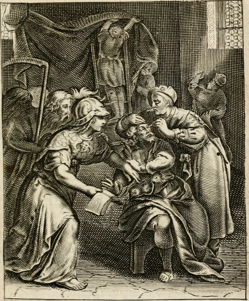 An illustration from Moralia Horatiana, das ist, Die Horatzische sitten-lehre : aus der ernst-sittigen geselschaft der alten weise-meister gezogen, und mit 113 [i.e. 103] in kupfer gestochenen sinn-bildern, und eben so viel erklärungen und andern anmärkungen vorgestellet, 1656, leaf 42