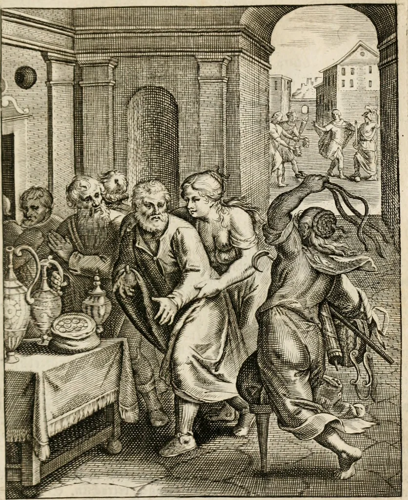 An illustration from Moralia Horatiana, das ist, Die Horatzische sitten-lehre : aus der ernst-sittigen geselschaft der alten weise-meister gezogen, und mit 113 [i.e. 103] in kupfer gestochenen sinn-bildern, und eben so viel erklärungen und andern anmärkungen vorgestellet, 1656, leaf 44