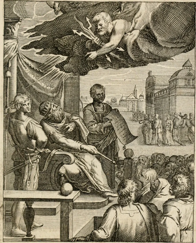 An illustration from Moralia Horatiana, das ist, Die Horatzische sitten-lehre : aus der ernst-sittigen geselschaft der alten weise-meister gezogen, und mit 113 [i.e. 103] in kupfer gestochenen sinn-bildern, und eben so viel erklärungen und andern anmärkungen vorgestellet, 1656, leaf 46
