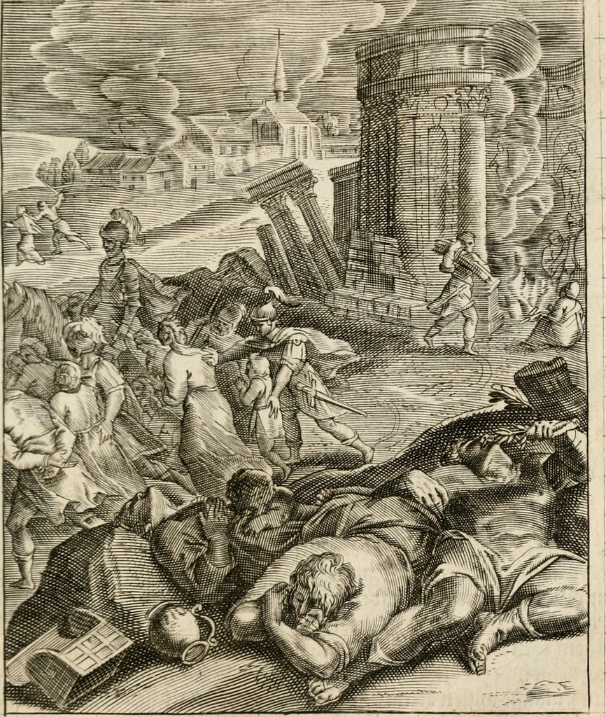 An illustration from Moralia Horatiana, das ist, Die Horatzische sitten-lehre : aus der ernst-sittigen geselschaft der alten weise-meister gezogen, und mit 113 [i.e. 103] in kupfer gestochenen sinn-bildern, und eben so viel erklärungen und andern anmärkungen vorgestellet, 1656, leaf 50