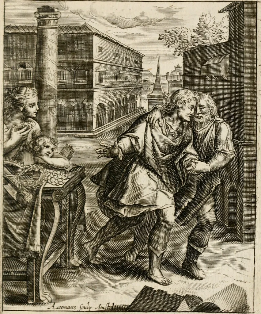 An illustration from Moralia Horatiana, das ist, Die Horatzische sitten-lehre : aus der ernst-sittigen geselschaft der alten weise-meister gezogen, und mit 113 [i.e. 103] in kupfer gestochenen sinn-bildern, und eben so viel erklärungen und andern anmärkungen vorgestellet, 1656, leaf 54