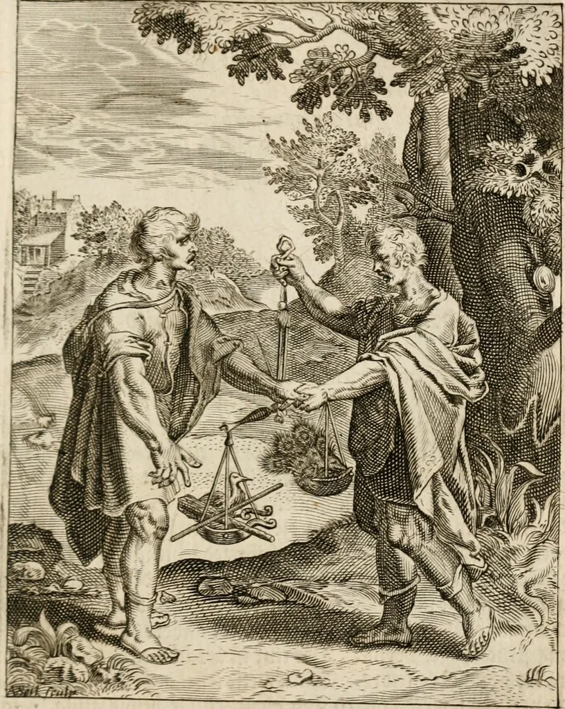 An illustration from Moralia Horatiana, das ist, Die Horatzische sitten-lehre : aus der ernst-sittigen geselschaft der alten weise-meister gezogen, und mit 113 [i.e. 103] in kupfer gestochenen sinn-bildern, und eben so viel erklärungen und andern anmärkungen vorgestellet, 1656, leaf 56