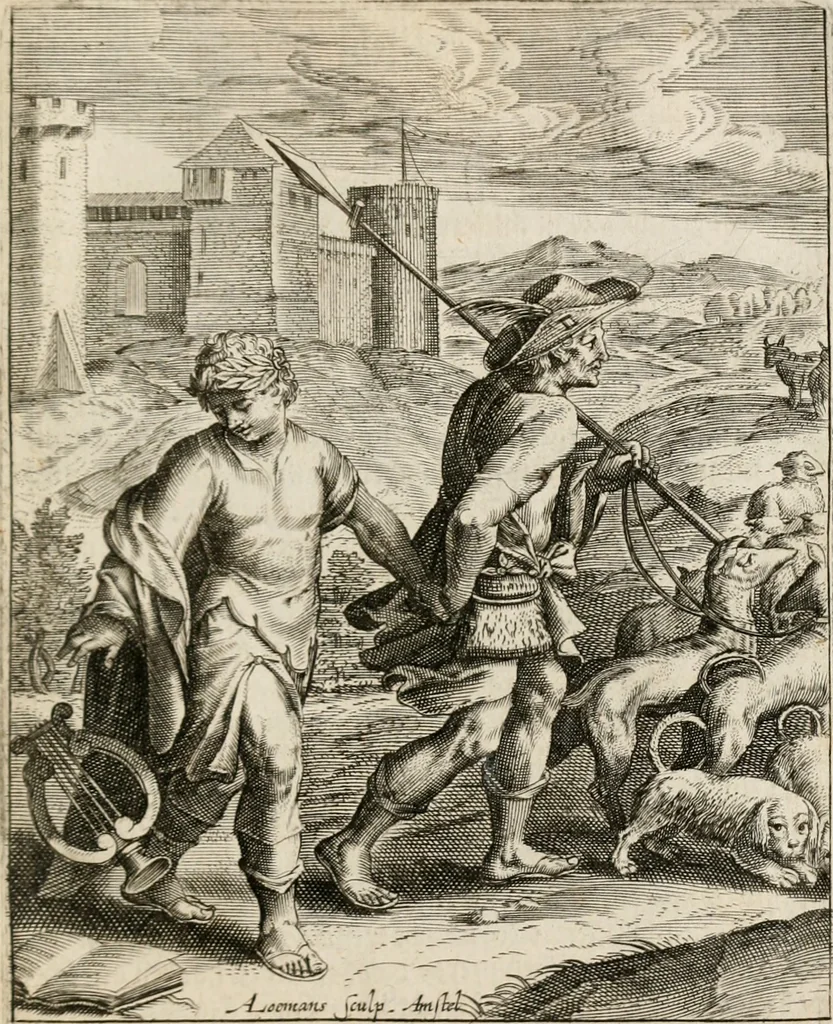 An illustration from Moralia Horatiana, das ist, Die Horatzische sitten-lehre : aus der ernst-sittigen geselschaft der alten weise-meister gezogen, und mit 113 [i.e. 103] in kupfer gestochenen sinn-bildern, und eben so viel erklärungen und andern anmärkungen vorgestellet, 1656, leaf 58