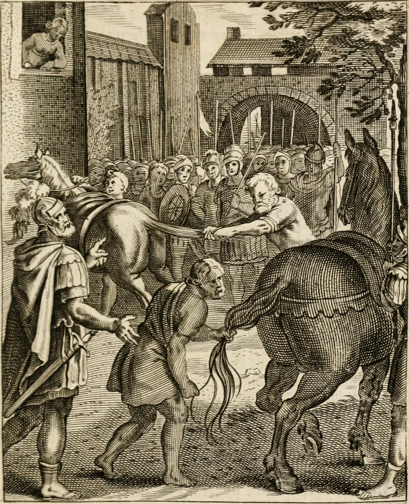 An illustration from Moralia Horatiana, das ist, Die Horatzische sitten-lehre : aus der ernst-sittigen geselschaft der alten weise-meister gezogen, und mit 113 [i.e. 103] in kupfer gestochenen sinn-bildern, und eben so viel erklärungen und andern anmärkungen vorgestellet, 1656, leaf 60