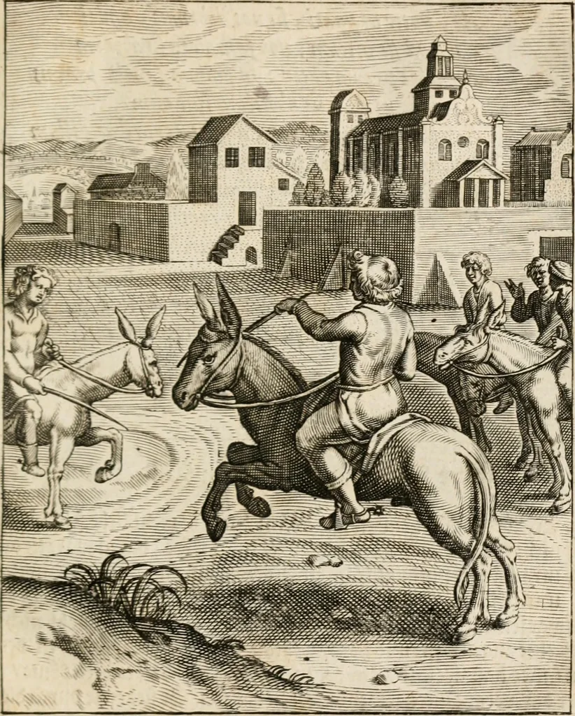 An illustration from Moralia Horatiana, das ist, Die Horatzische sitten-lehre : aus der ernst-sittigen geselschaft der alten weise-meister gezogen, und mit 113 [i.e. 103] in kupfer gestochenen sinn-bildern, und eben so viel erklärungen und andern anmärkungen vorgestellet, 1656, leaf 62