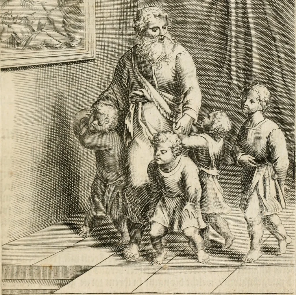 An illustration from Moralia Horatiana, das ist, Die Horatzische sitten-lehre : aus der ernst-sittigen geselschaft der alten weise-meister gezogen, und mit 113 [i.e. 103] in kupfer gestochenen sinn-bildern, und eben so viel erklärungen und andern anmärkungen vorgestellet, 1656, leaf 64