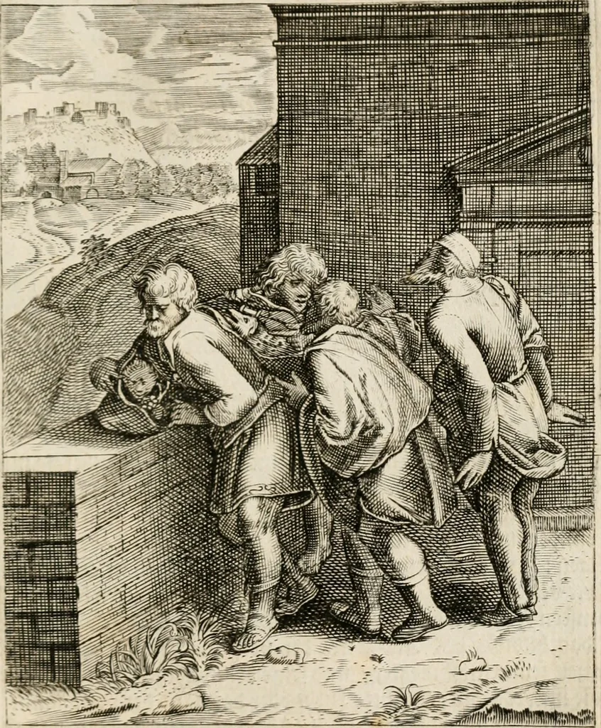 An illustration from Moralia Horatiana, das ist, Die Horatzische sitten-lehre : aus der ernst-sittigen geselschaft der alten weise-meister gezogen, und mit 113 [i.e. 103] in kupfer gestochenen sinn-bildern, und eben so viel erklärungen und andern anmärkungen vorgestellet, 1656, leaf 66