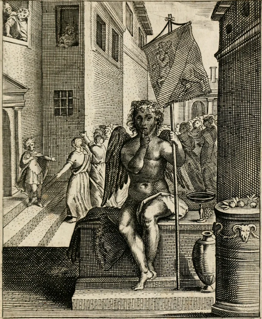 An illustration from Moralia Horatiana, das ist, Die Horatzische sitten-lehre : aus der ernst-sittigen geselschaft der alten weise-meister gezogen, und mit 113 [i.e. 103] in kupfer gestochenen sinn-bildern, und eben so viel erklärungen und andern anmärkungen vorgestellet, 1656, leaf 68