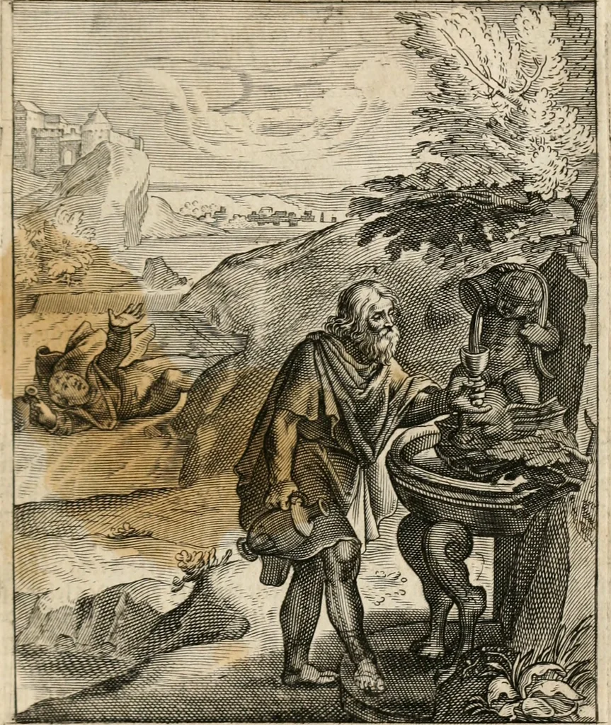 An illustration from Moralia Horatiana, das ist, Die Horatzische sitten-lehre : aus der ernst-sittigen geselschaft der alten weise-meister gezogen, und mit 113 [i.e. 103] in kupfer gestochenen sinn-bildern, und eben so viel erklärungen und andern anmärkungen vorgestellet, 1656, leaf 72