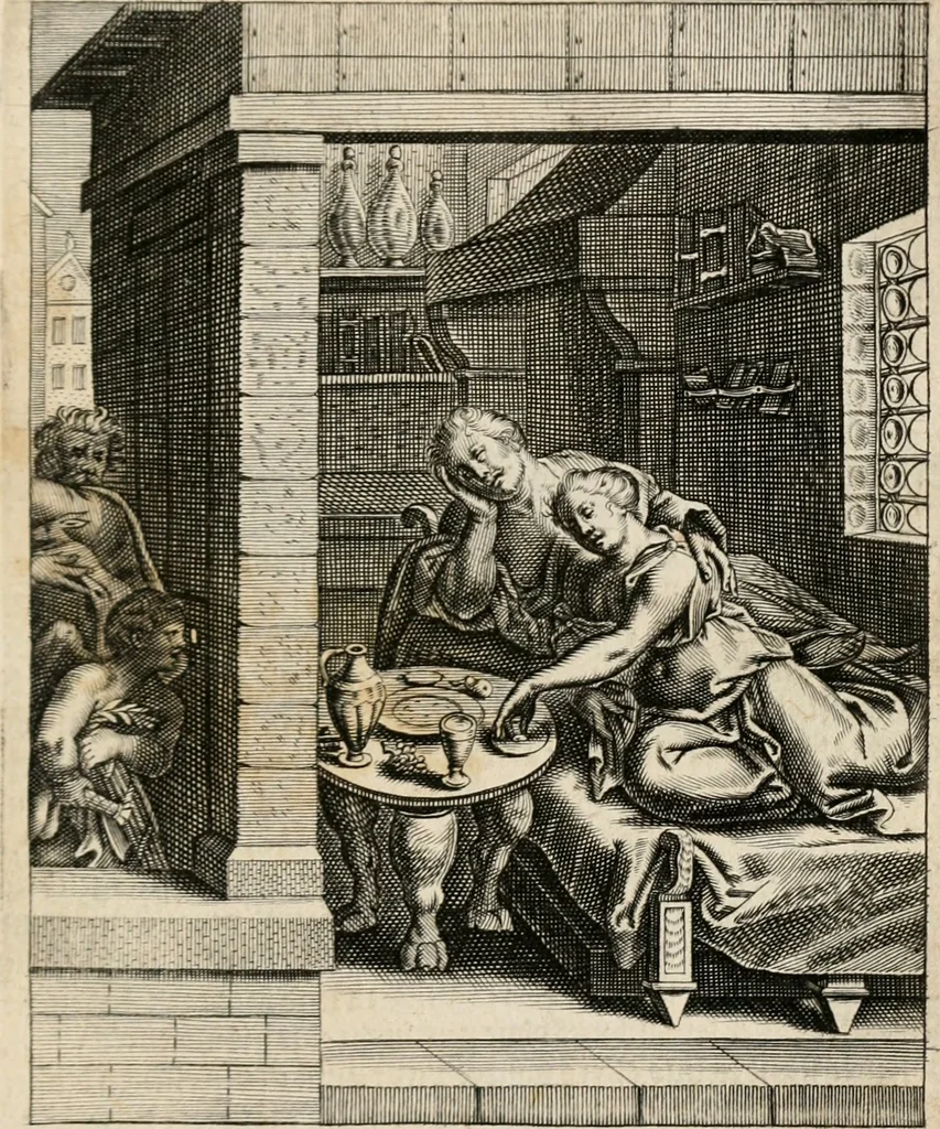 An illustration from Moralia Horatiana, das ist, Die Horatzische sitten-lehre : aus der ernst-sittigen geselschaft der alten weise-meister gezogen, und mit 113 [i.e. 103] in kupfer gestochenen sinn-bildern, und eben so viel erklärungen und andern anmärkungen vorgestellet, 1656, leaf 74