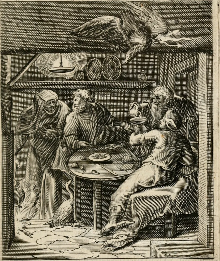 An illustration from Moralia Horatiana, das ist, Die Horatzische sitten-lehre : aus der ernst-sittigen geselschaft der alten weise-meister gezogen, und mit 113 [i.e. 103] in kupfer gestochenen sinn-bildern, und eben so viel erklärungen und andern anmärkungen vorgestellet, 1656, leaf 76