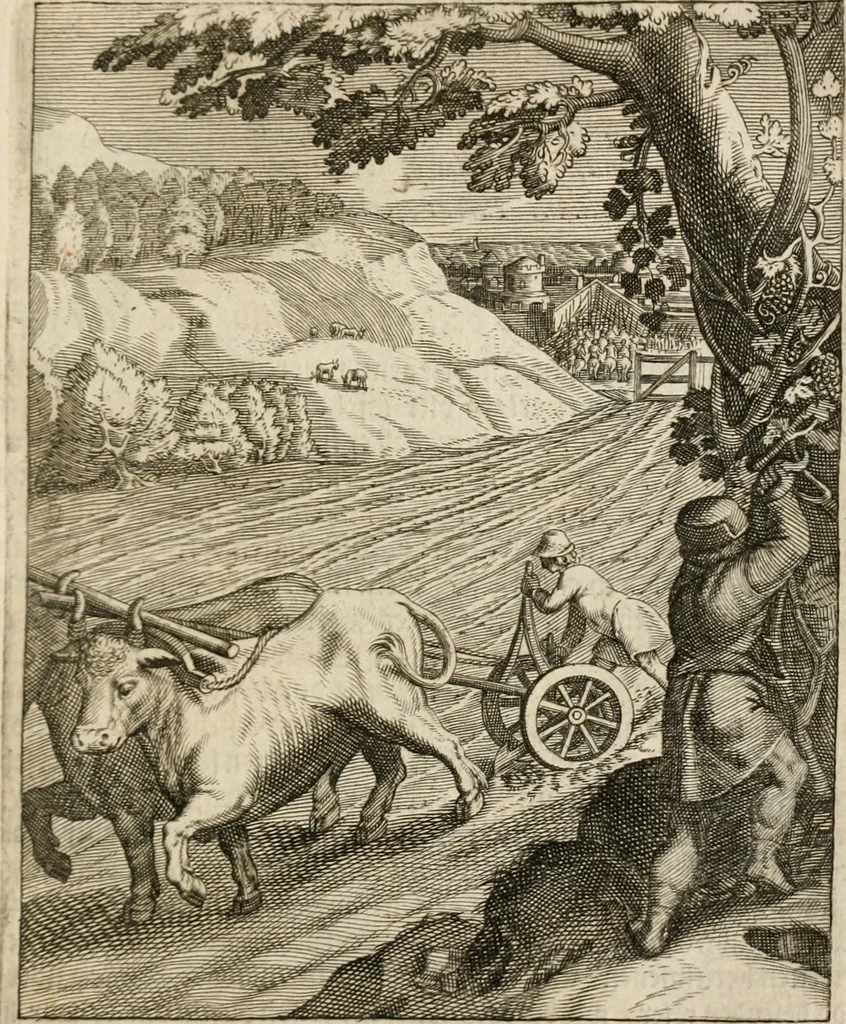 An illustration from Moralia Horatiana, das ist, Die Horatzische sitten-lehre : aus der ernst-sittigen geselschaft der alten weise-meister gezogen, und mit 113 [i.e. 103] in kupfer gestochenen sinn-bildern, und eben so viel erklärungen und andern anmärkungen vorgestellet, 1656, leaf 78