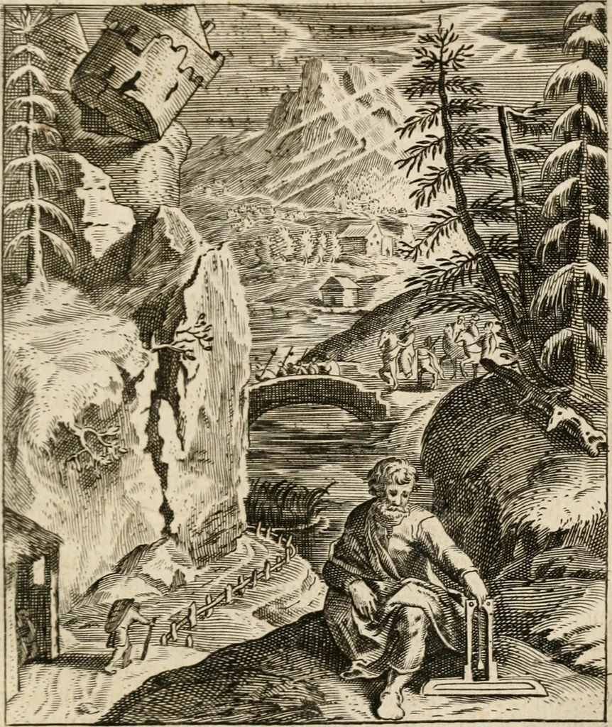 An illustration from Moralia Horatiana, das ist, Die Horatzische sitten-lehre : aus der ernst-sittigen geselschaft der alten weise-meister gezogen, und mit 113 [i.e. 103] in kupfer gestochenen sinn-bildern, und eben so viel erklärungen und andern anmärkungen vorgestellet, 1656, leaf 80