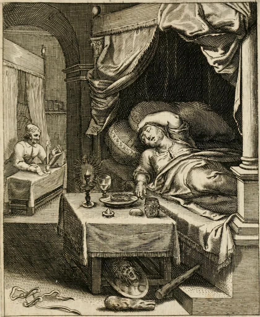 An illustration from Moralia Horatiana, das ist, Die Horatzische sitten-lehre : aus der ernst-sittigen geselschaft der alten weise-meister gezogen, und mit 113 [i.e. 103] in kupfer gestochenen sinn-bildern, und eben so viel erklärungen und andern anmärkungen vorgestellet, 1656, leaf 82