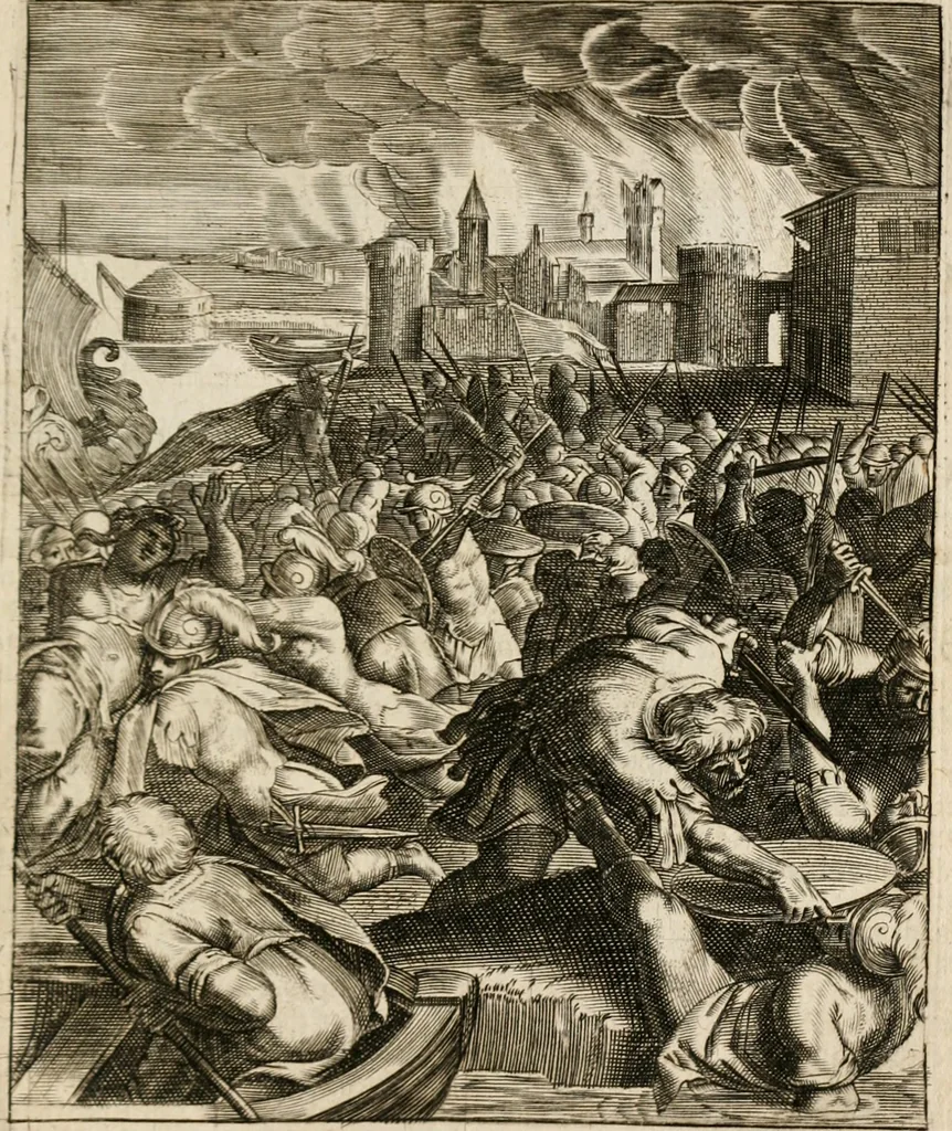 An illustration from Moralia Horatiana, das ist, Die Horatzische sitten-lehre : aus der ernst-sittigen geselschaft der alten weise-meister gezogen, und mit 113 [i.e. 103] in kupfer gestochenen sinn-bildern, und eben so viel erklärungen und andern anmärkungen vorgestellet, 1656, leaf 86