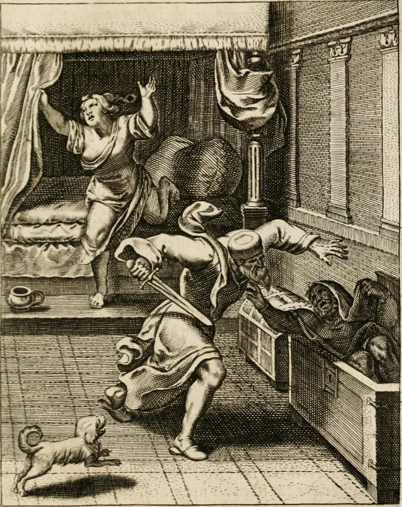 An illustration from Moralia Horatiana, das ist, Die Horatzische sitten-lehre : aus der ernst-sittigen geselschaft der alten weise-meister gezogen, und mit 113 [i.e. 103] in kupfer gestochenen sinn-bildern, und eben so viel erklärungen und andern anmärkungen vorgestellet, 1656, leaf 88