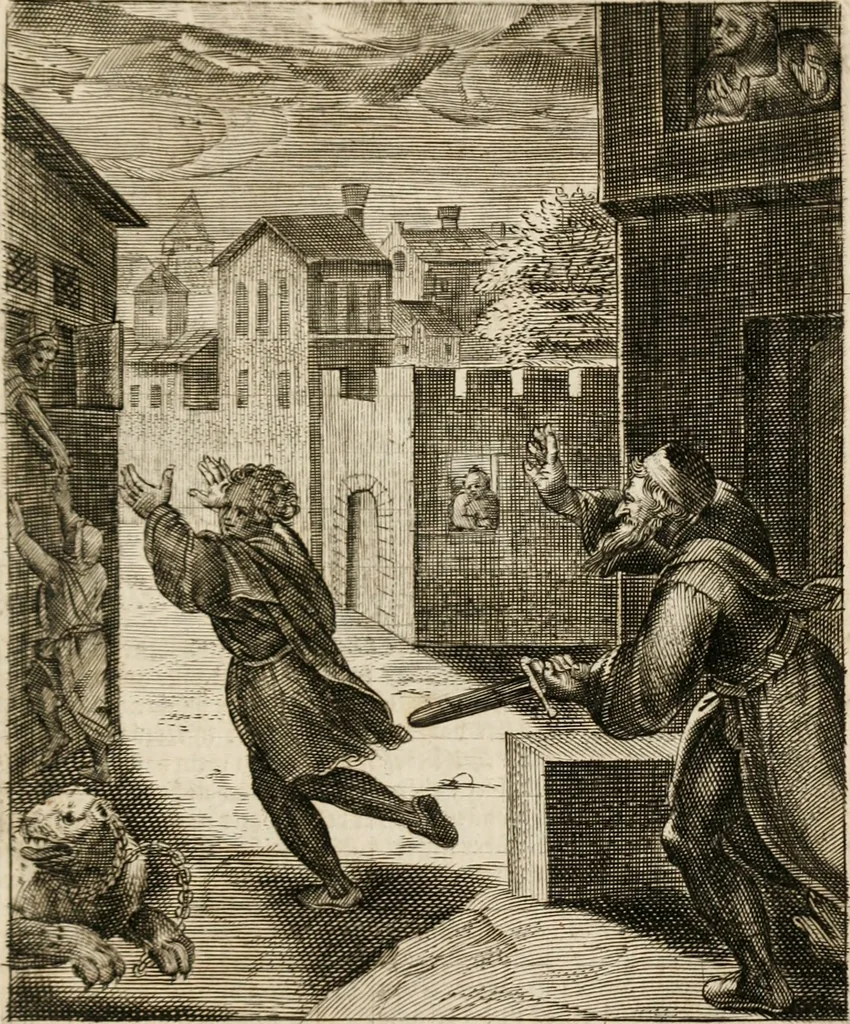 An illustration from Moralia Horatiana, das ist, Die Horatzische sitten-lehre : aus der ernst-sittigen geselschaft der alten weise-meister gezogen, und mit 113 [i.e. 103] in kupfer gestochenen sinn-bildern, und eben so viel erklärungen und andern anmärkungen vorgestellet, 1656, leaf 90