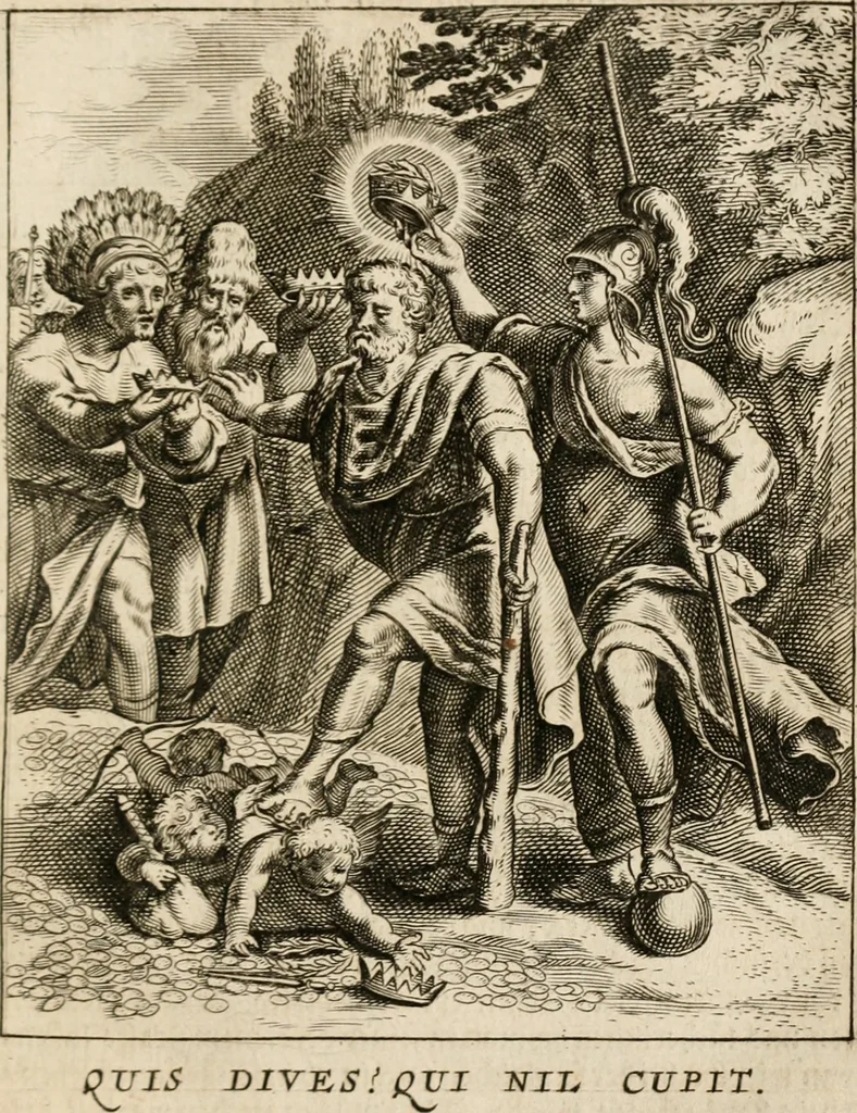An illustration from Moralia Horatiana, das ist, Die Horatzische sitten-lehre : aus der ernst-sittigen geselschaft der alten weise-meister gezogen, und mit 113 [i.e. 103] in kupfer gestochenen sinn-bildern, und eben so viel erklärungen und andern anmärkungen vorgestellet, 1656, leaf 92