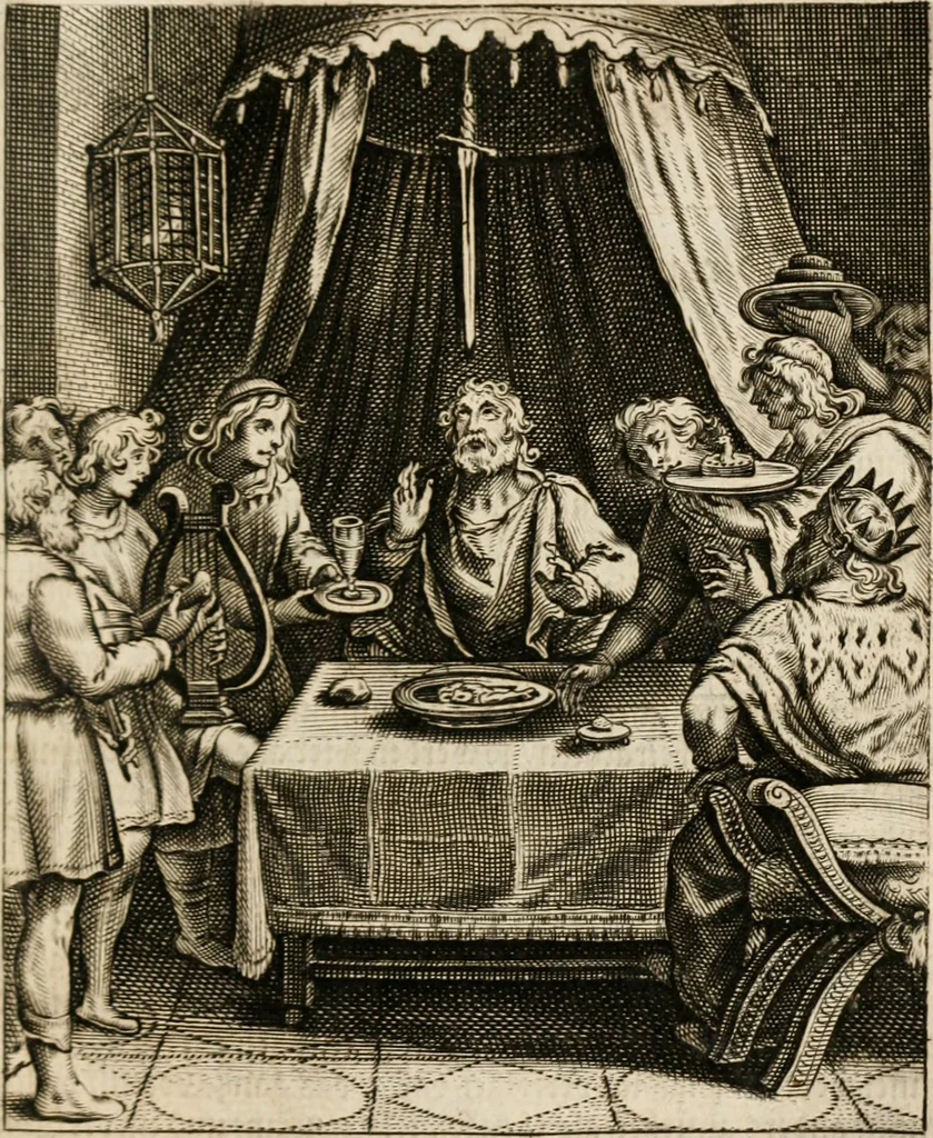 An illustration from Moralia Horatiana, das ist, Die Horatzische sitten-lehre : aus der ernst-sittigen geselschaft der alten weise-meister gezogen, und mit 113 [i.e. 103] in kupfer gestochenen sinn-bildern, und eben so viel erklärungen und andern anmärkungen vorgestellet, 1656, leaf 94
