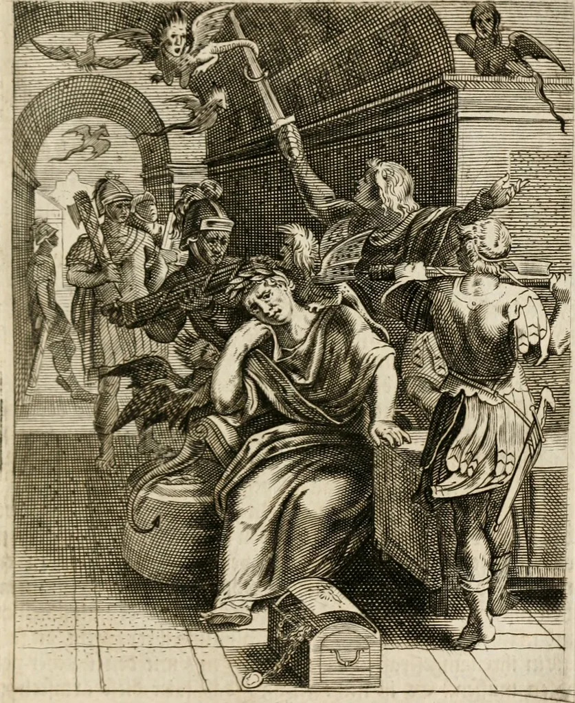An illustration from Moralia Horatiana, das ist, Die Horatzische sitten-lehre : aus der ernst-sittigen geselschaft der alten weise-meister gezogen, und mit 113 [i.e. 103] in kupfer gestochenen sinn-bildern, und eben so viel erklärungen und andern anmärkungen vorgestellet, 1656, leaf 96