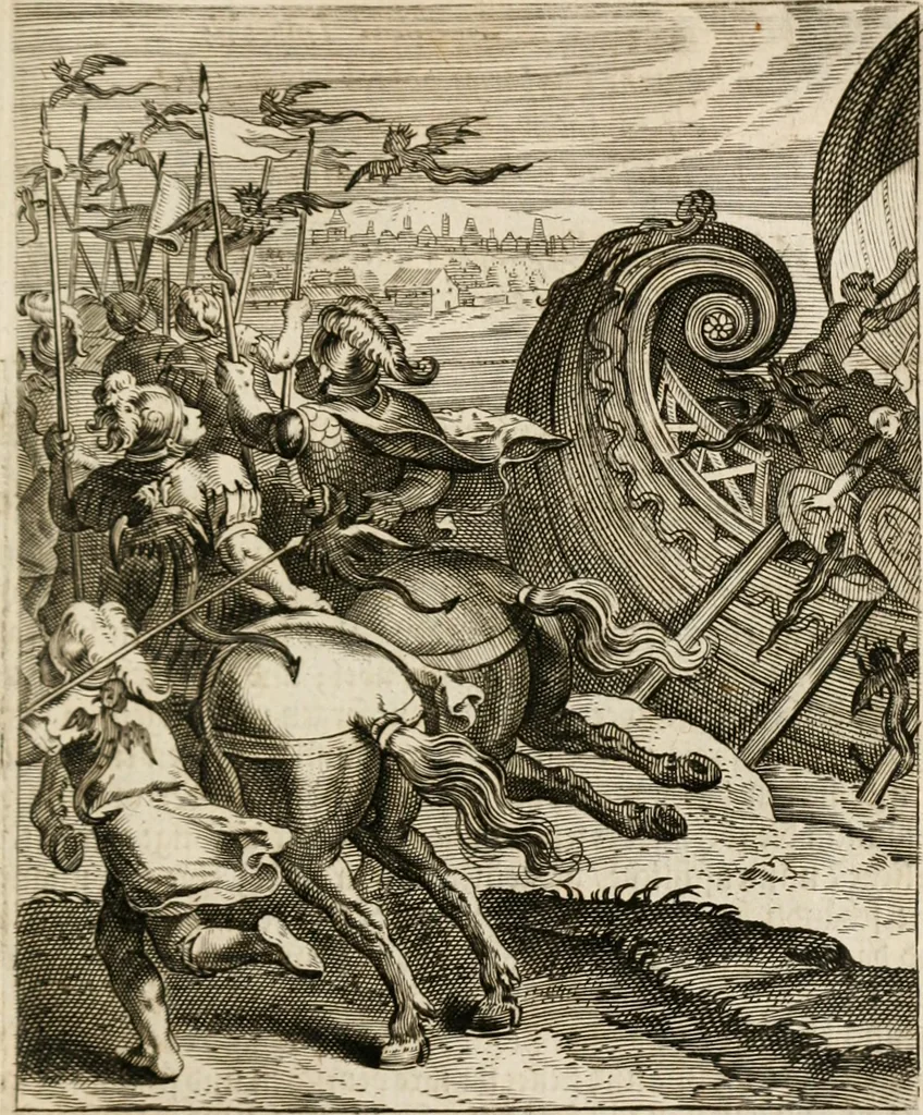 An illustration from Moralia Horatiana, das ist, Die Horatzische sitten-lehre : aus der ernst-sittigen geselschaft der alten weise-meister gezogen, und mit 113 [i.e. 103] in kupfer gestochenen sinn-bildern, und eben so viel erklärungen und andern anmärkungen vorgestellet, 1656, leaf 98